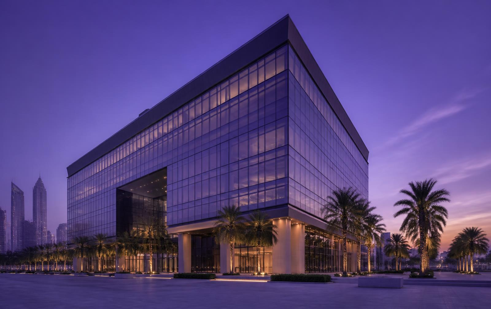 Modern commercial facility at dusk